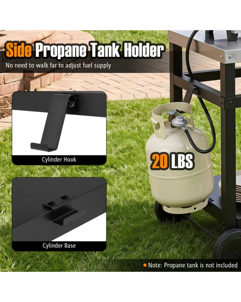 34’’ x 20’’ Double-Shelf Grill Table with Steel Top-Black - Black - Outdoor Grills