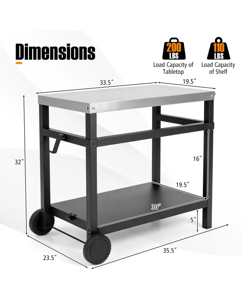 34’’ x 20’’ Double-Shelf Grill Table with Steel Top-Black - Black - Outdoor Grills