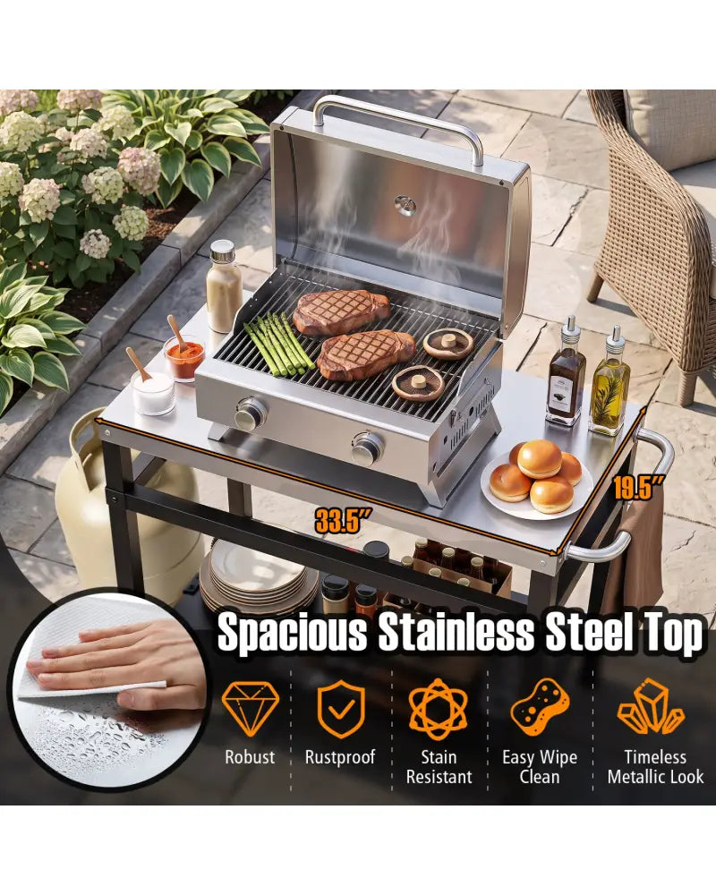 34’’ x 20’’ Double-Shelf Grill Table with Steel Top-Black - Black - Outdoor Grills