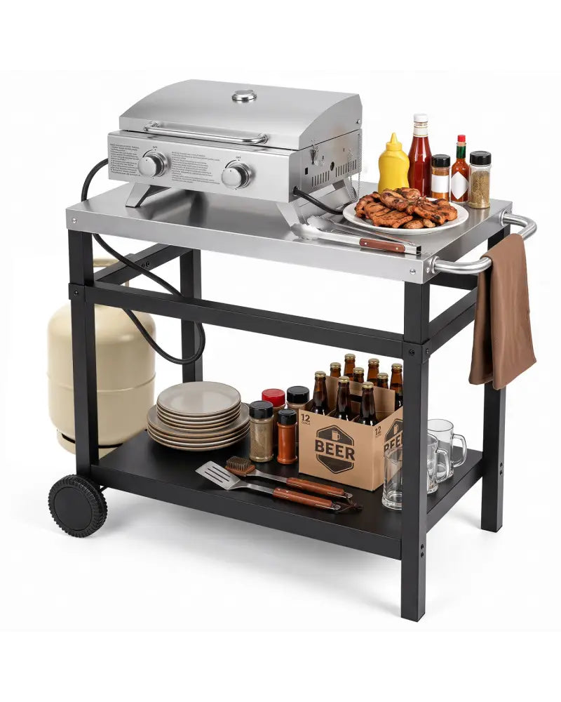 34’’ x 20’’ Double-Shelf Grill Table with Steel Top-Black - Black - Outdoor Grills
