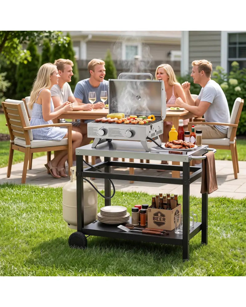 34’’ x 20’’ Double-Shelf Grill Table with Steel Top-Black - Black - Outdoor Grills