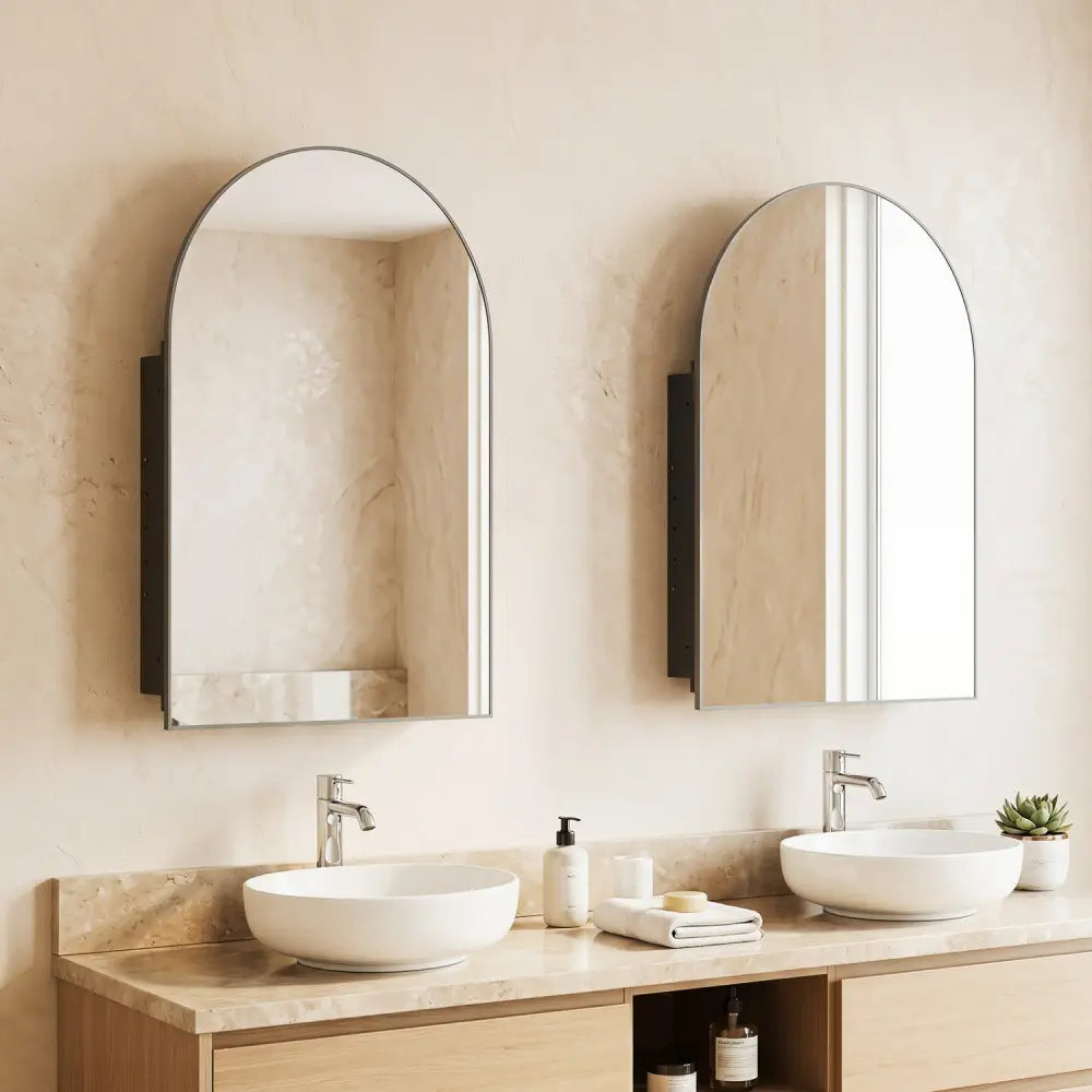 34’’ x 22’’ Brushed Metal Wall-Mounted Storage Cabinet with Arched Mirror and Adjustable Shelves-Black - Black - Wall