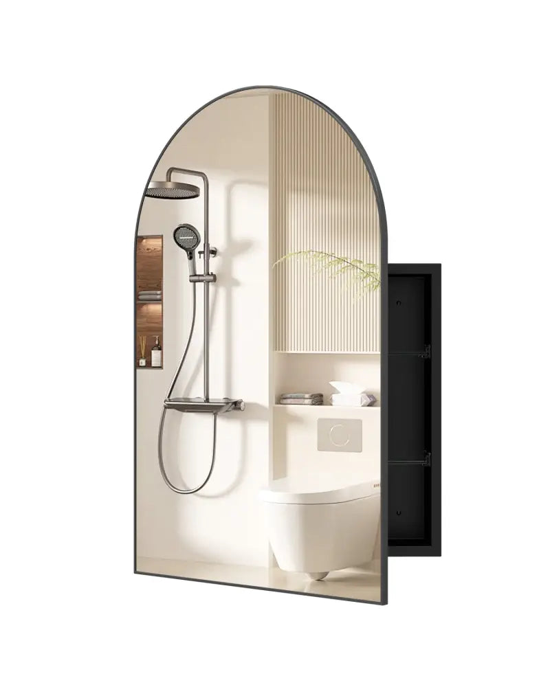 34’’ x 22’’ Brushed Metal Wall-Mounted Storage Cabinet with Arched Mirror and Adjustable Shelves-Black - Black - Wall