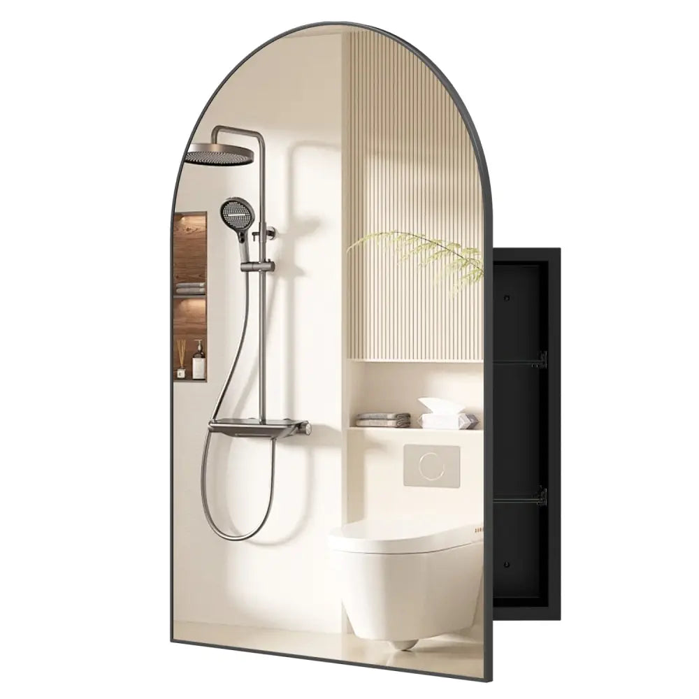 34’’ x 22’’ Brushed Metal Wall-Mounted Storage Cabinet with Arched Mirror and Adjustable Shelves-Black - Black - Wall