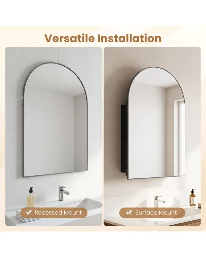 34’’ x 22’’ Brushed Metal Wall-Mounted Storage Cabinet with Arched Mirror and Adjustable Shelves-Black - Black - Wall