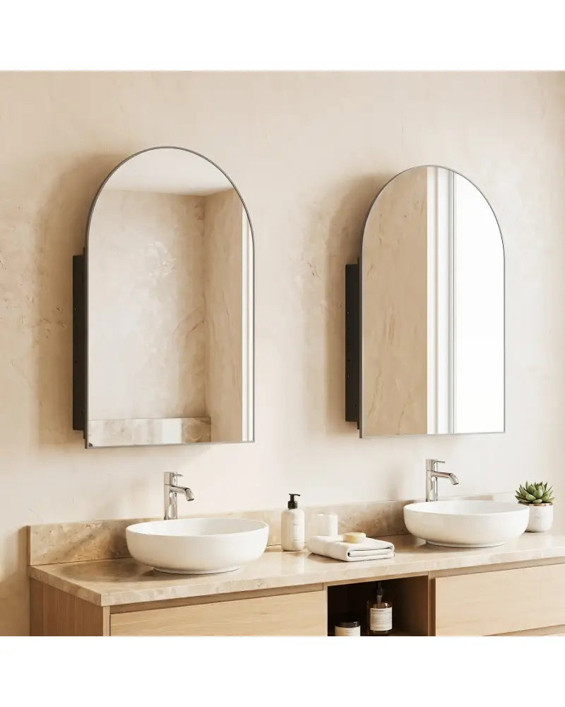 34’’ x 22’’ Brushed Metal Wall-Mounted Storage Cabinet with Arched Mirror and Adjustable Shelves-Black - Black - Wall
