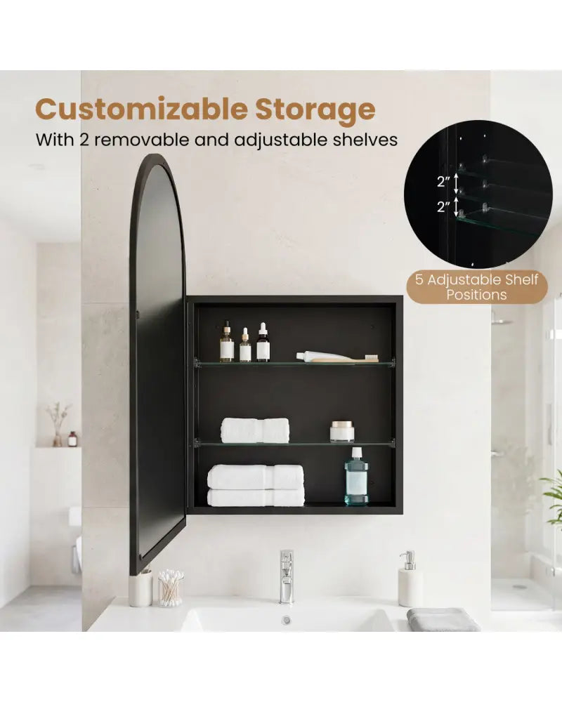 34’’ x 22’’ Brushed Metal Wall-Mounted Storage Cabinet with Arched Mirror and Adjustable Shelves-Black - Black - Wall