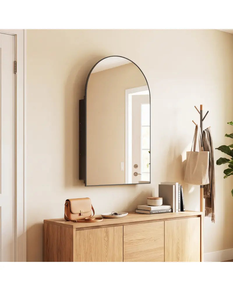 34’’ x 22’’ Brushed Metal Wall-Mounted Storage Cabinet with Arched Mirror and Adjustable Shelves-Black - Black - Wall