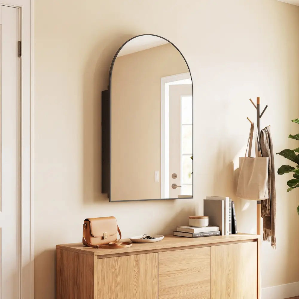 34’’ x 22’’ Brushed Metal Wall-Mounted Storage Cabinet with Arched Mirror and Adjustable Shelves-Black - Black - Wall