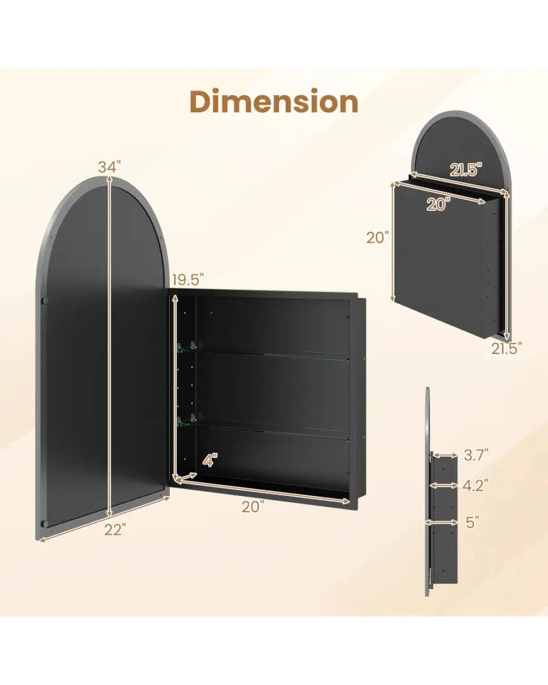 34’’ x 22’’ Brushed Metal Wall-Mounted Storage Cabinet with Arched Mirror and Adjustable Shelves-Black - Black - Wall