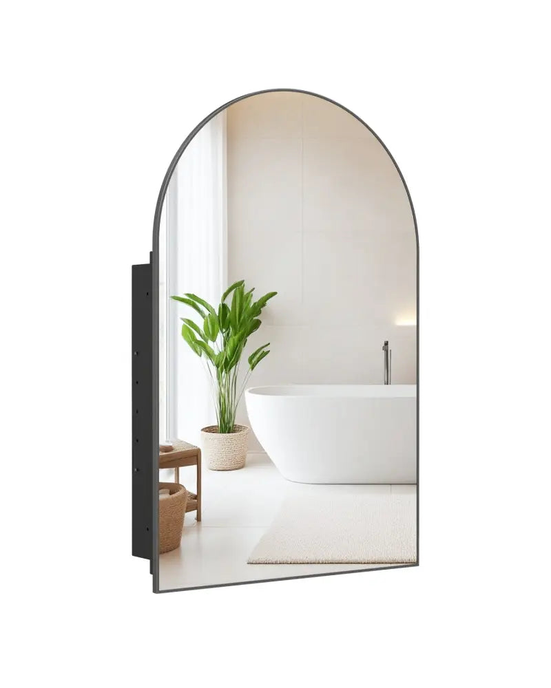 34’’ x 22’’ Brushed Metal Wall-Mounted Storage Cabinet with Arched Mirror and Adjustable Shelves-Black - Black - Wall
