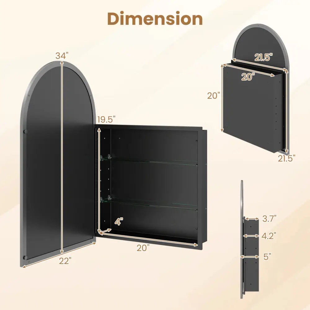 34’’ x 22’’ Brushed Metal Wall-Mounted Storage Cabinet with Arched Mirror and Adjustable Shelves-Black - Black - Wall