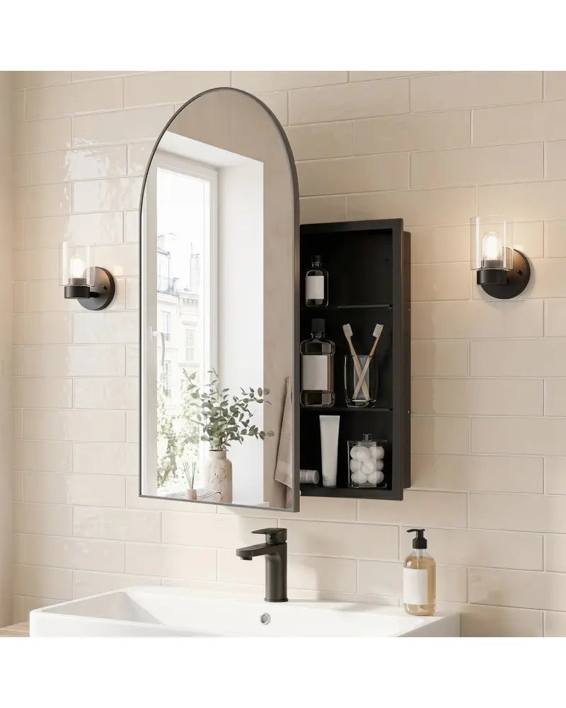 34’’ x 22’’ Brushed Metal Wall-Mounted Storage Cabinet with Arched Mirror and Adjustable Shelves-Black - Black - Wall