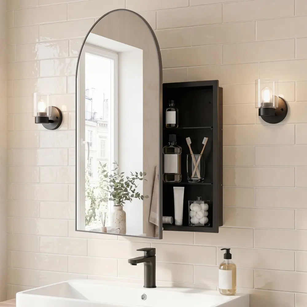 34’’ x 22’’ Brushed Metal Wall-Mounted Storage Cabinet with Arched Mirror and Adjustable Shelves-Black - Black - Wall