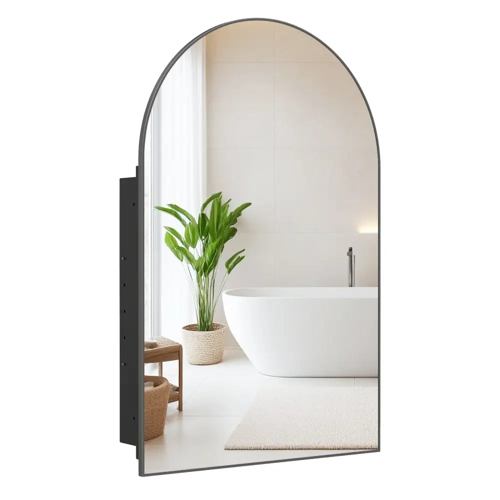34’’ x 22’’ Brushed Metal Wall-Mounted Storage Cabinet with Arched Mirror and Adjustable Shelves-Black - Black - Wall