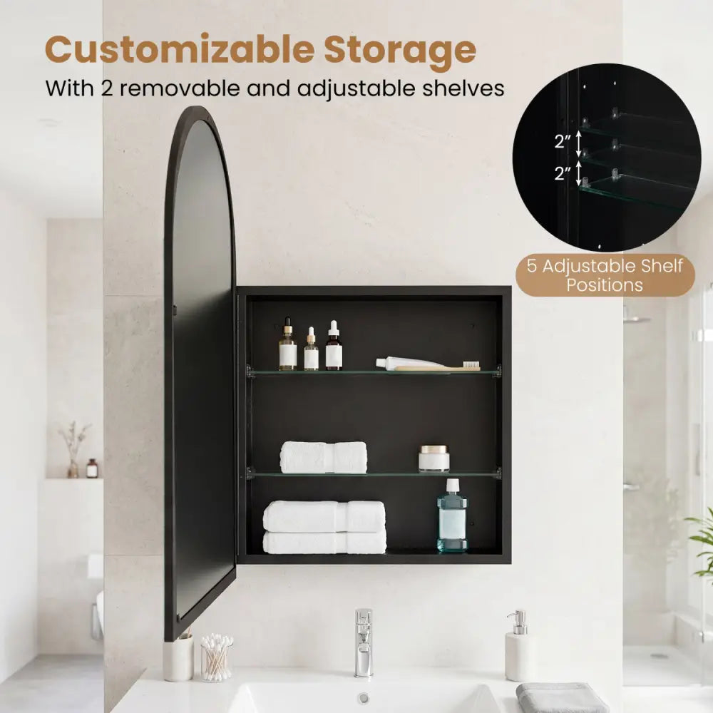 34’’ x 22’’ Brushed Metal Wall-Mounted Storage Cabinet with Arched Mirror and Adjustable Shelves-Black - Black - Wall