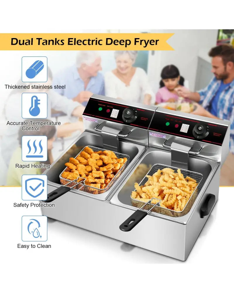 3400W Dual Tank Electric Countertop Deep Fryer - Silver - Air Fryers