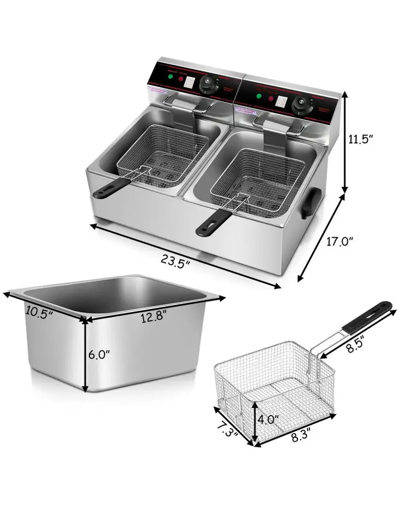 3400W Dual Tank Electric Countertop Deep Fryer - Silver - Air Fryers
