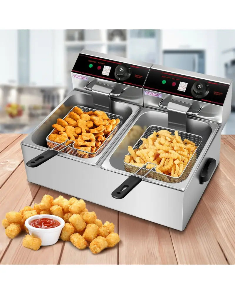 3400W Dual Tank Electric Countertop Deep Fryer - Silver - Air Fryers