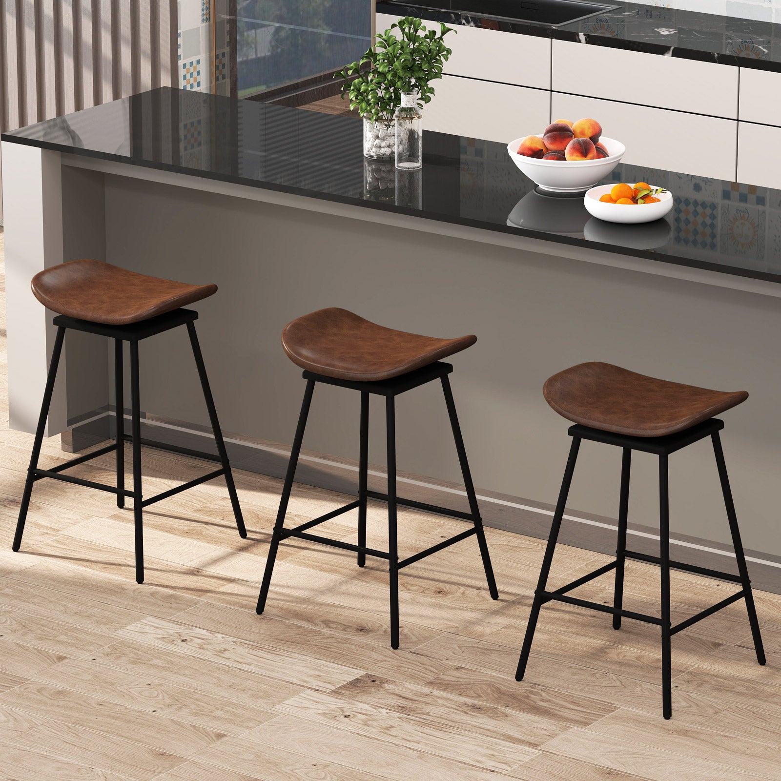 Set of 2 Swivel Barstools Faux Leather Upholstered Backless with Footrest-Brown