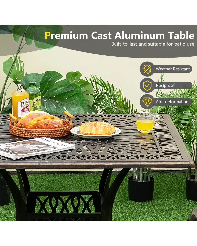 35.4 Inch Aluminum Patio Square Dining Table with Umbrella Hole-Bronze - Bronze - Patio Coffee Tables