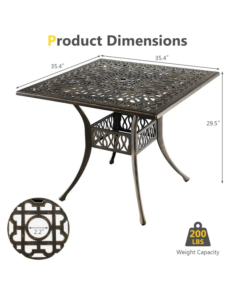 35.4 Inch Aluminum Patio Square Dining Table with Umbrella Hole-Bronze - Bronze - Patio Coffee Tables