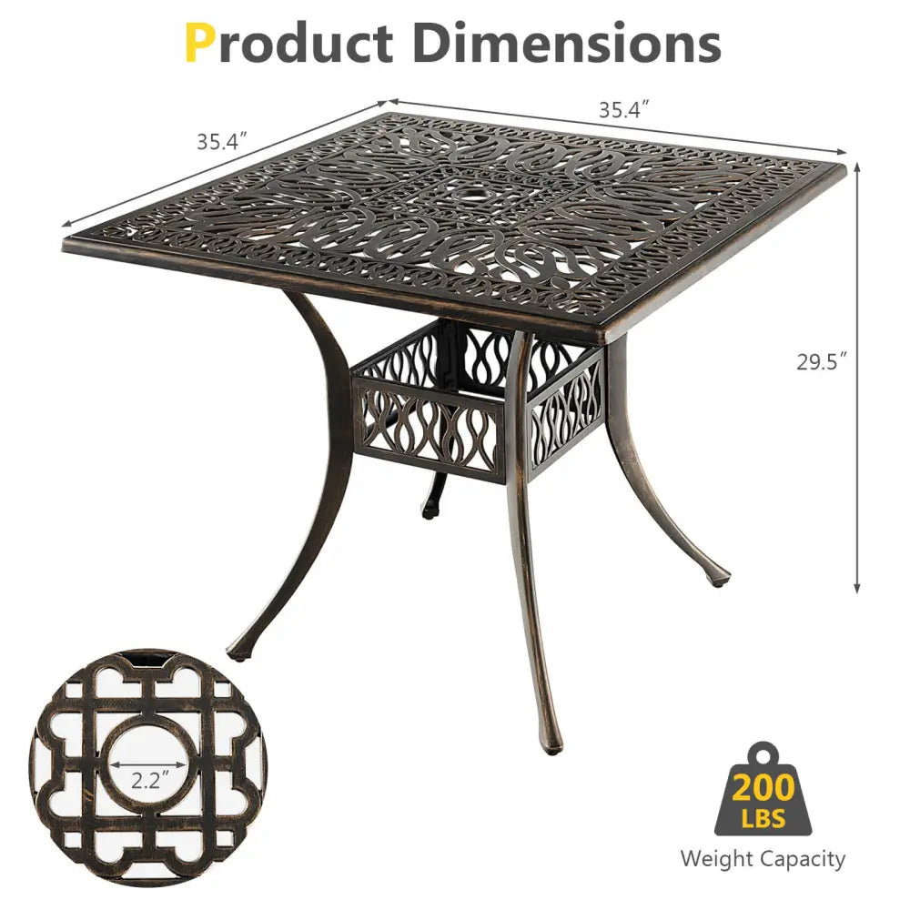 35.4 Inch Aluminum Patio Square Dining Table with Umbrella Hole-Bronze - Bronze - Patio Dining Tables
