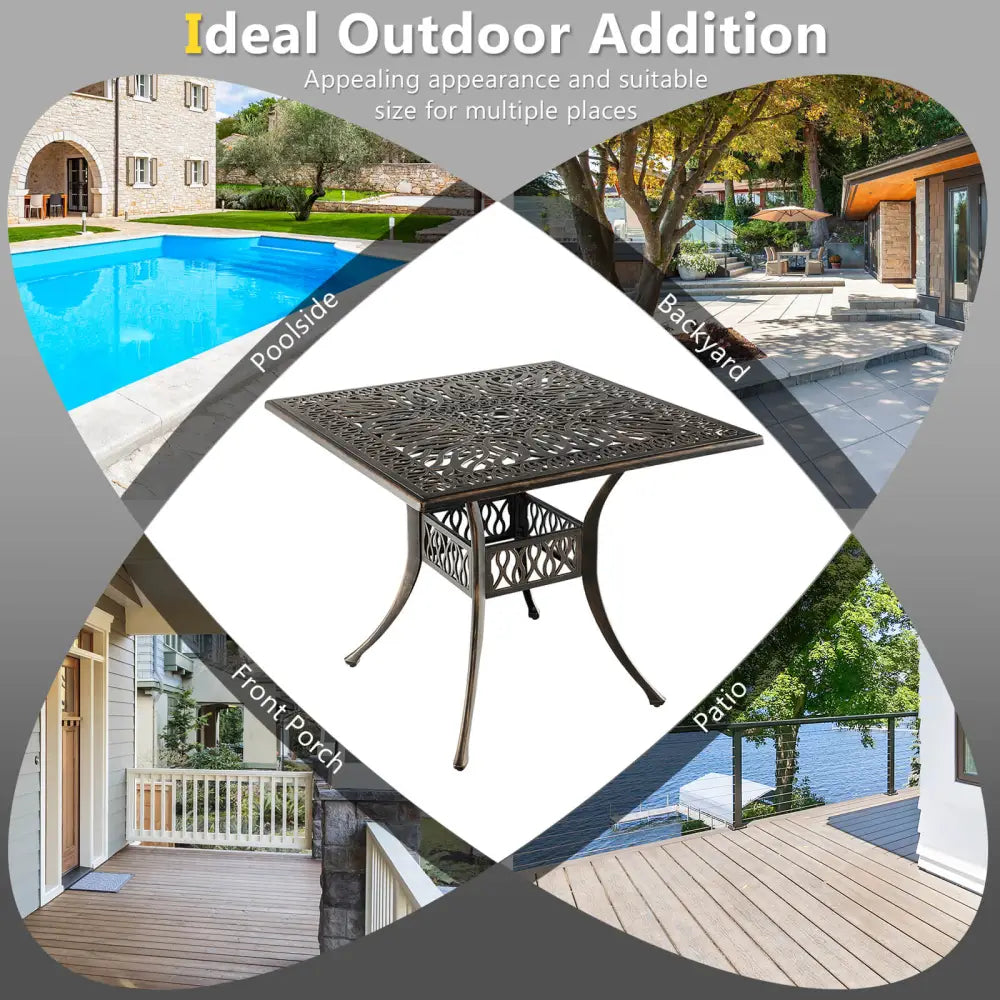 35.4 Inch Aluminum Patio Square Dining Table with Umbrella Hole-Bronze - Bronze - Patio Dining Tables