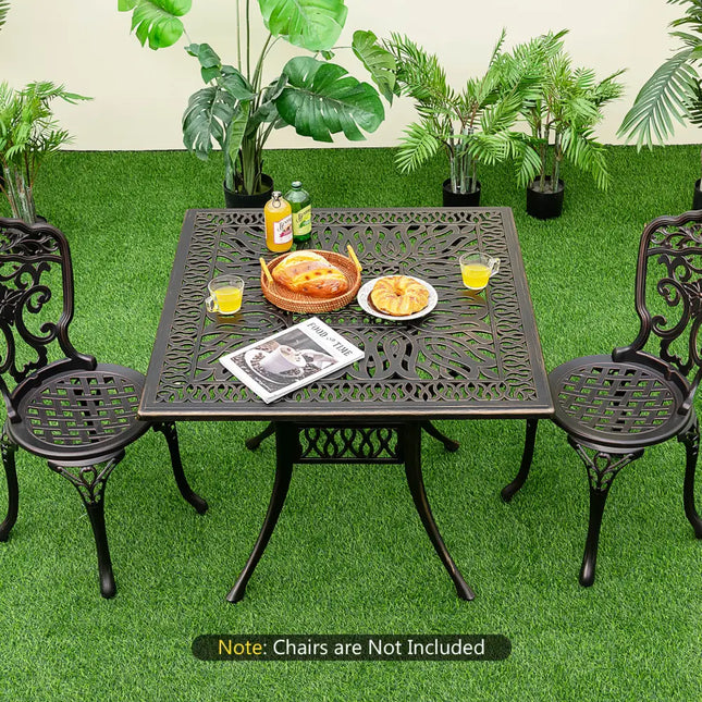 35.4 Inch Aluminum Patio Square Dining Table with Umbrella Hole-Bronze - Bronze - Patio Dining Tables