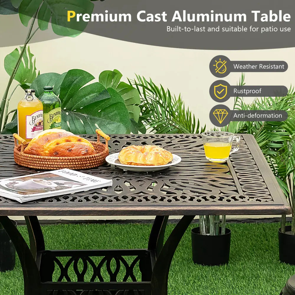 35.4 Inch Aluminum Patio Square Dining Table with Umbrella Hole-Bronze - Bronze - Patio Dining Tables