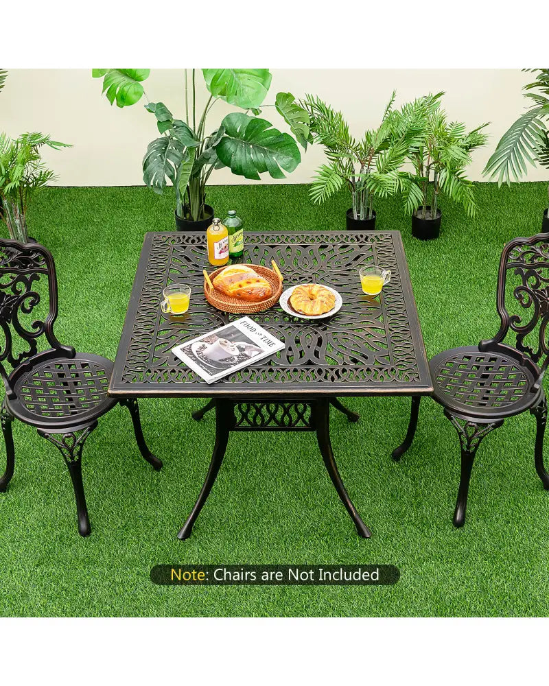 35.4 Inch Aluminum Patio Square Dining Table with Umbrella Hole-Bronze - Bronze - Patio Coffee Tables
