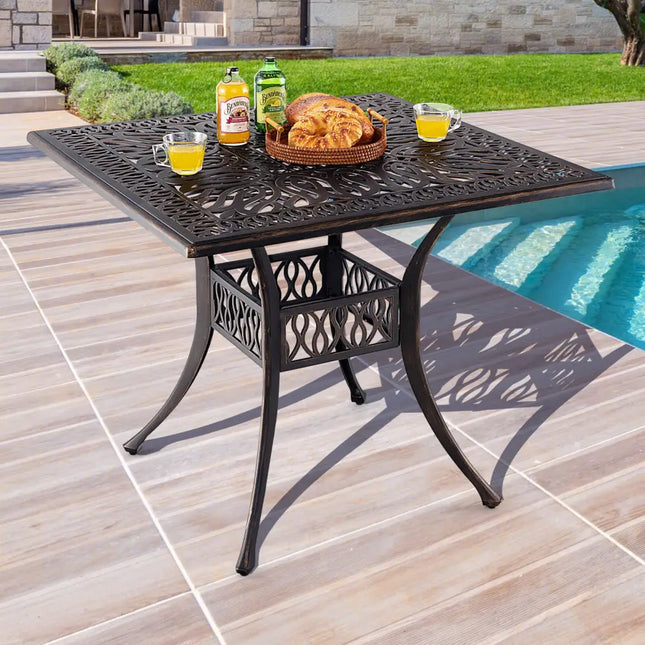35.4 Inch Aluminum Patio Square Dining Table with Umbrella Hole-Bronze - Bronze - Patio Dining Tables