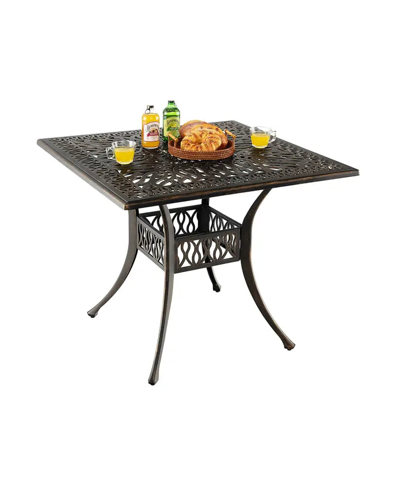 35.4 Inch Aluminum Patio Square Dining Table with Umbrella Hole-Bronze - Bronze - Patio Coffee Tables