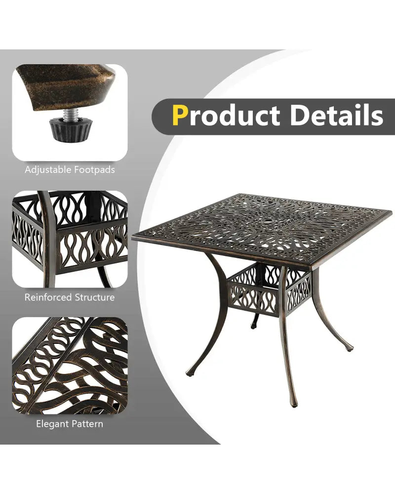 35.4 Inch Aluminum Patio Square Dining Table with Umbrella Hole-Bronze - Bronze - Patio Coffee Tables