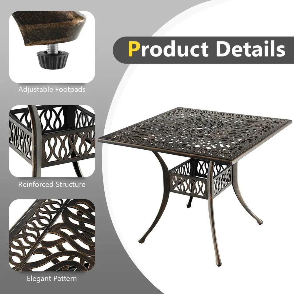 35.4 Inch Aluminum Patio Square Dining Table with Umbrella Hole-Bronze - Bronze - Patio Dining Tables