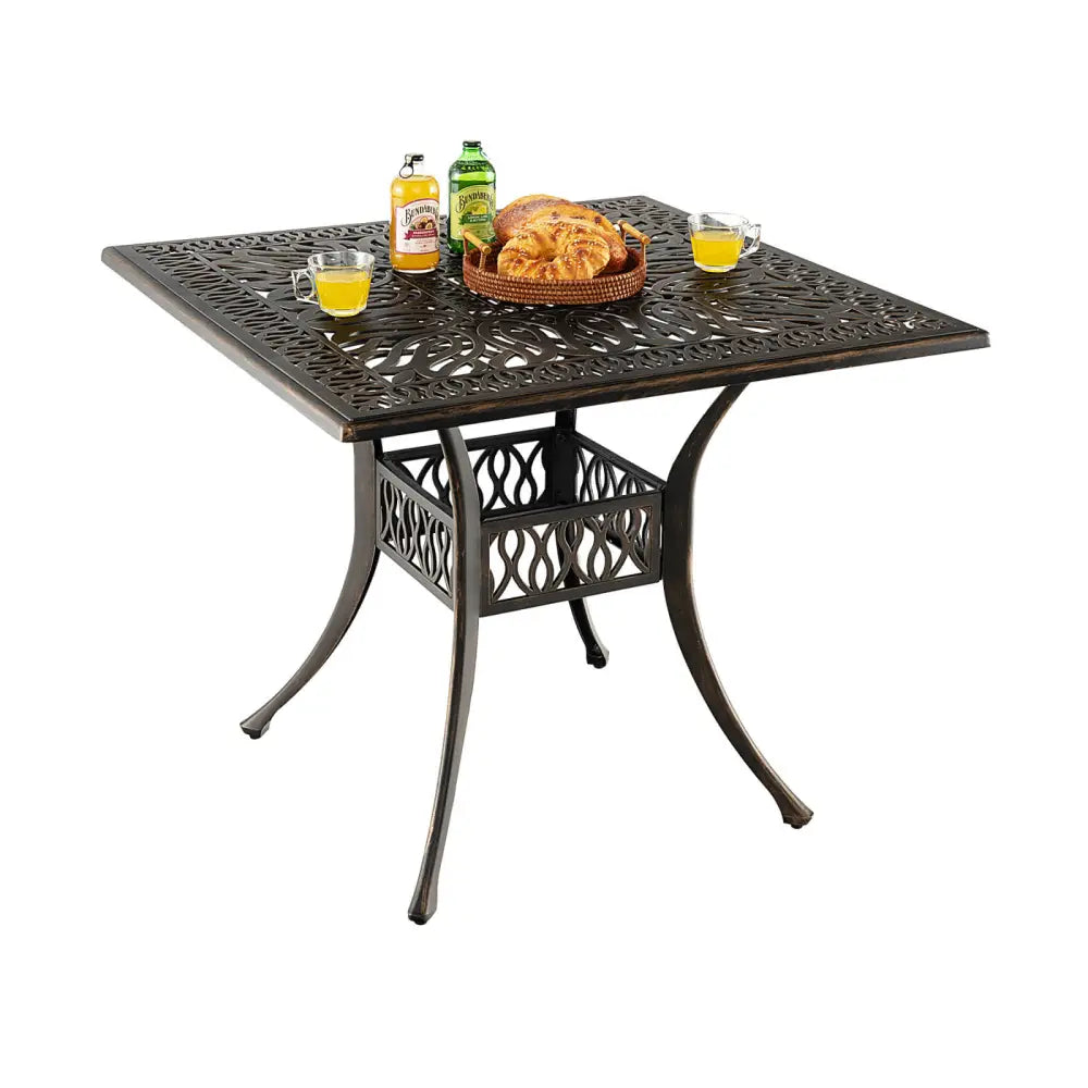 35.4 Inch Aluminum Patio Square Dining Table with Umbrella Hole-Bronze - Bronze - Patio Dining Tables