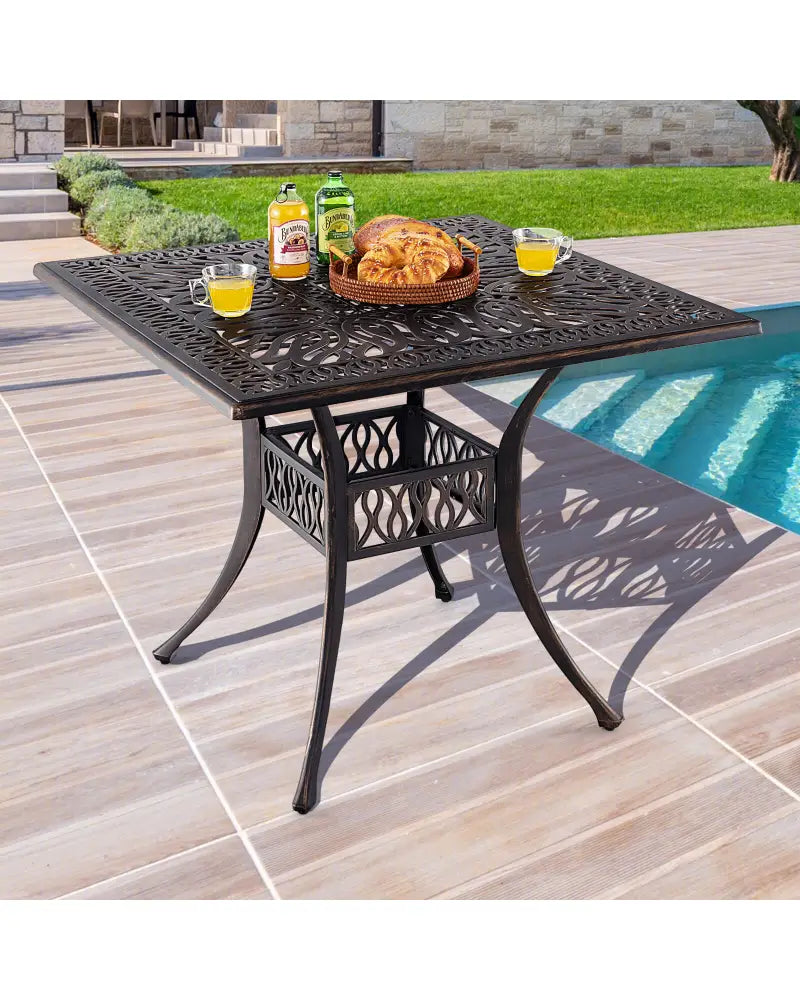 35.4 Inch Aluminum Patio Square Dining Table with Umbrella Hole-Bronze - Bronze - Patio Coffee Tables
