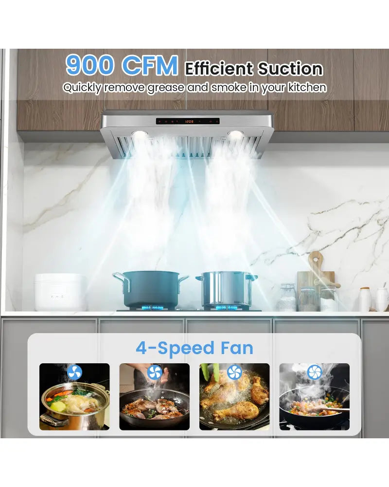 35.5/29.5 Inch Under Cabinet Range Hood 900 CFM Kitchen Vent with 4 Fan Speed-29.5 inches - Silver - Kitchen Appliances