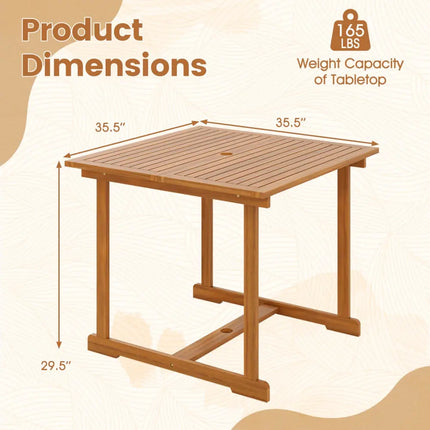 35.5’’ Acacia Wood Outdoor Dining Table with Umbrella Hole and Reinforced Crossbar for 4 - Patio Dining Tables