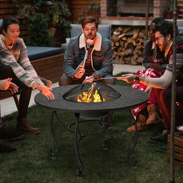 35.5 Feet Patio Fire Pit Dining Table With Cooking BBQ Grate - Black - Fire Pits