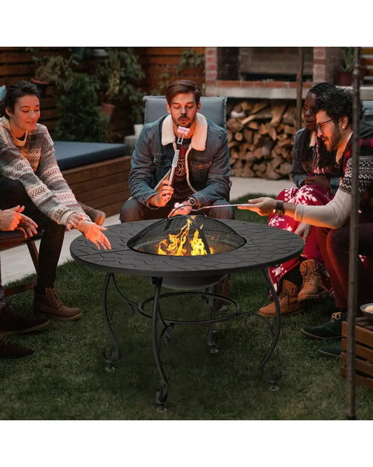 35.5 Feet Patio Fire Pit Dining Table With Cooking BBQ Grate - Black - Fire Pits