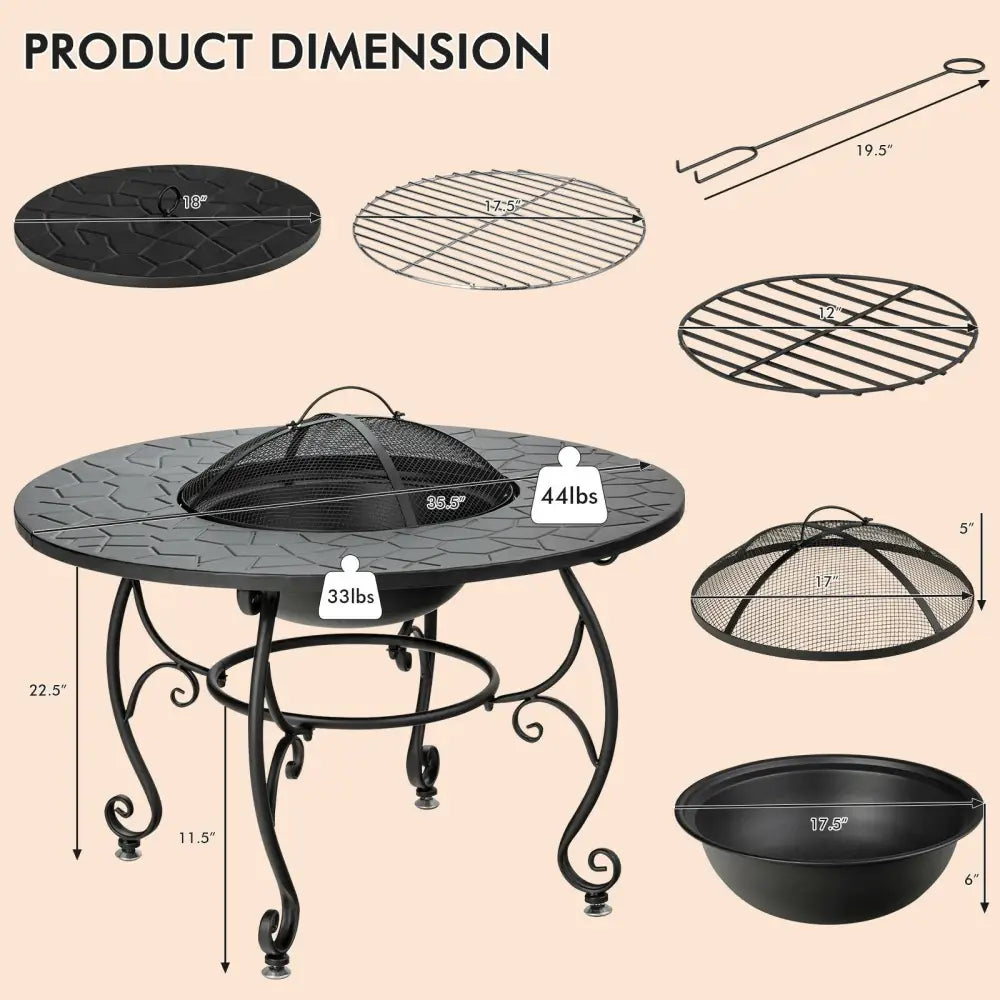 35.5 Feet Patio Fire Pit Dining Table With Cooking BBQ Grate - Black - Fire Pits