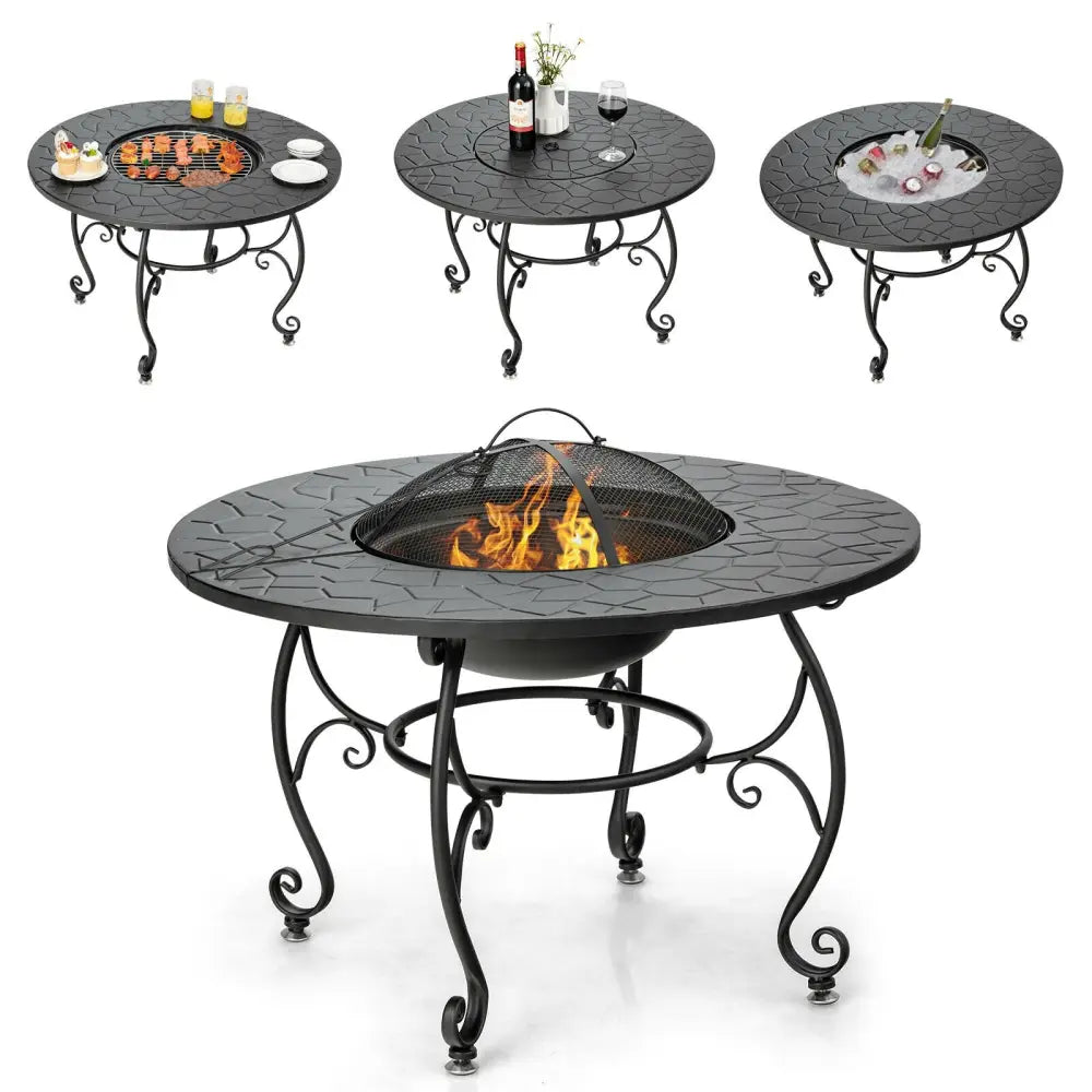 35.5 Feet Patio Fire Pit Dining Table With Cooking BBQ Grate - Black - Fire Pits