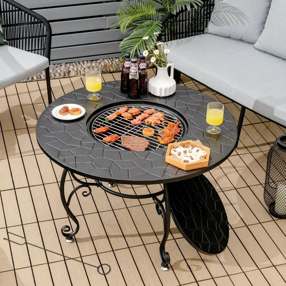 35.5 Feet Patio Fire Pit Dining Table With Cooking BBQ Grate - Black - Fire Pits