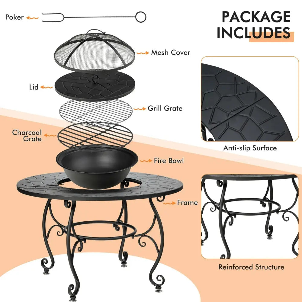 35.5 Feet Patio Fire Pit Dining Table With Cooking BBQ Grate - Black - Fire Pits