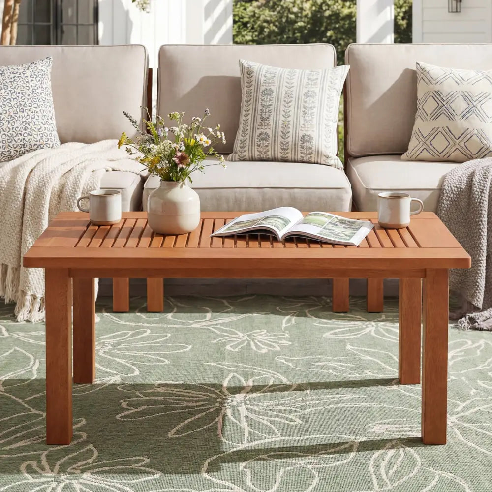 35.5 Inch Outdoor Modern Rectangular Coffee Table with Slatted Top for Backyard - Patio Coffee Tables