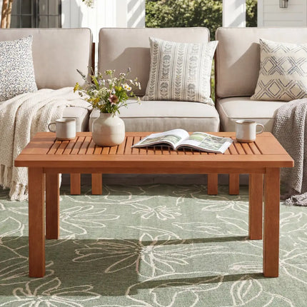 35.5 Inch Outdoor Modern Rectangular Coffee Table with Slatted Top for Backyard - Patio Coffee Tables