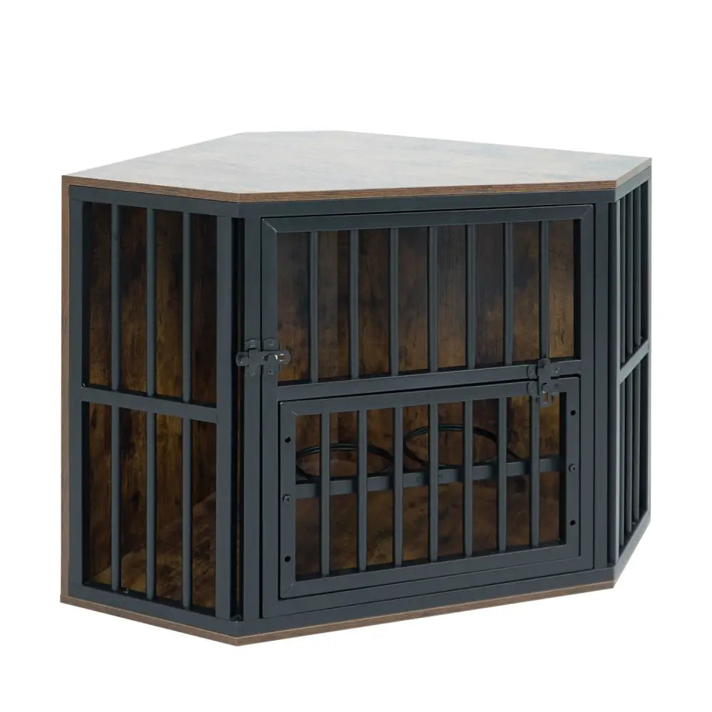 35.5 inches Wooden Dog Kennel End Table with 3-Position Dog Bowl Rack-Rustic Brown - Rustic Brown - Dog Kennels