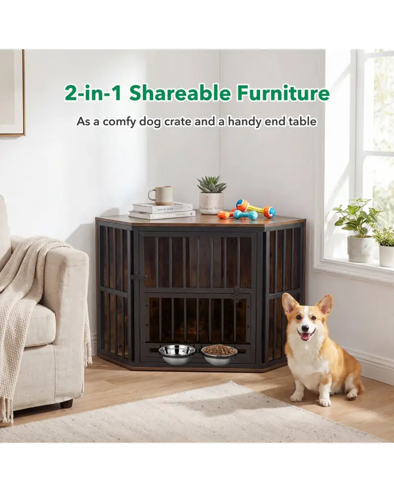 35.5 inches Wooden Dog Kennel End Table with 3-Position Dog Bowl Rack-Rustic Brown - Rustic Brown - Dog Kennels