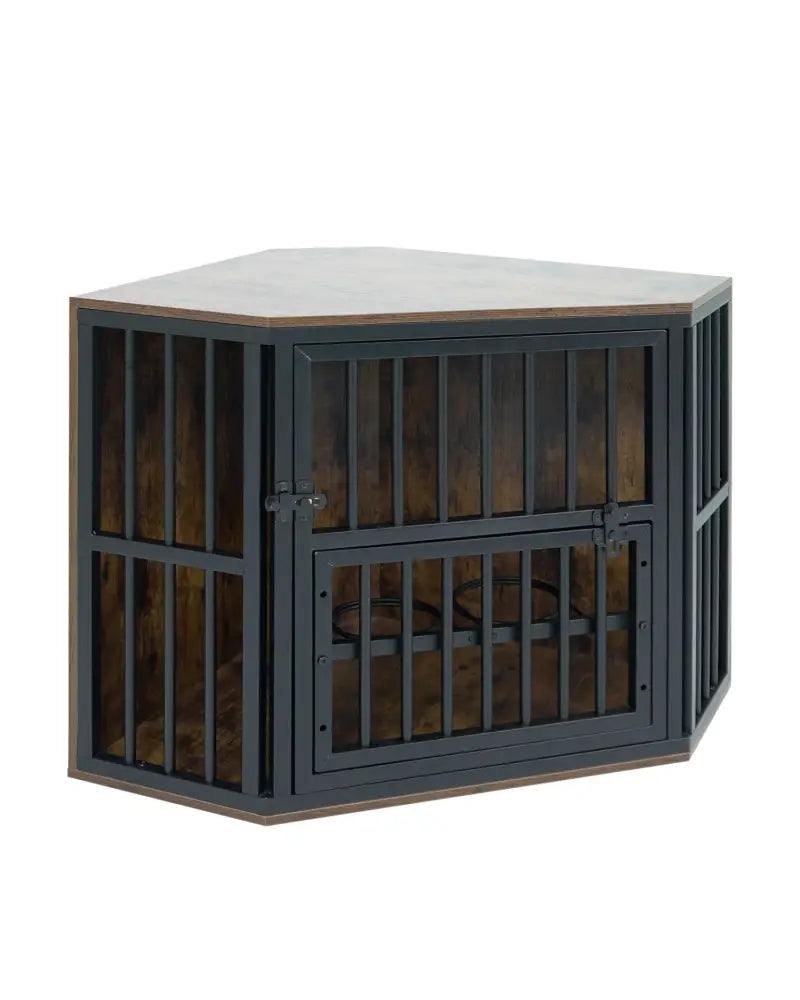35.5 inches Wooden Dog Kennel End Table with 3-Position Dog Bowl Rack-Rustic Brown - Rustic Brown - Dog Kennels